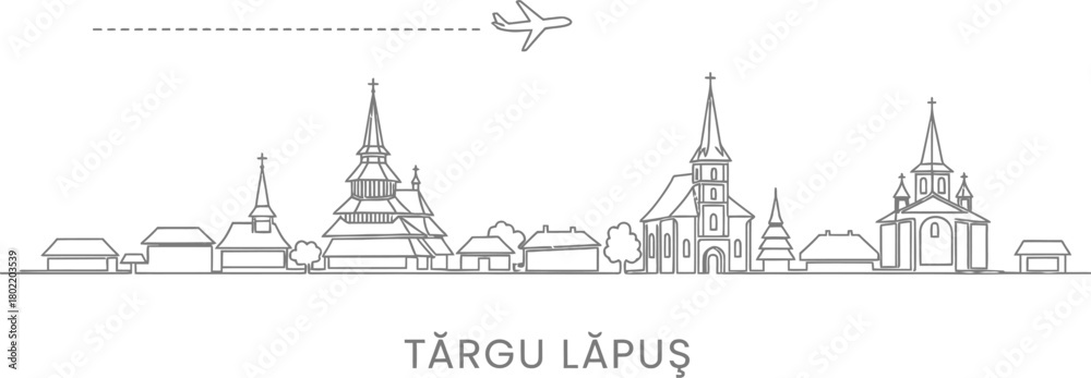 Fototapeta premium Targu Lapus Skyline with Airplane Travel Route