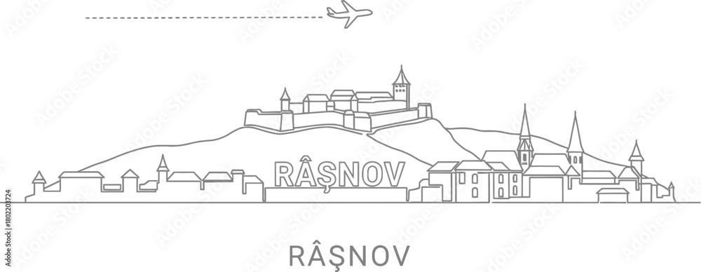 Obraz premium Rasnov Skyline with Castle and Airplane
