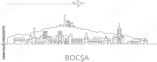 Bocșa City Skyline Outline with Airplane Travel Icon