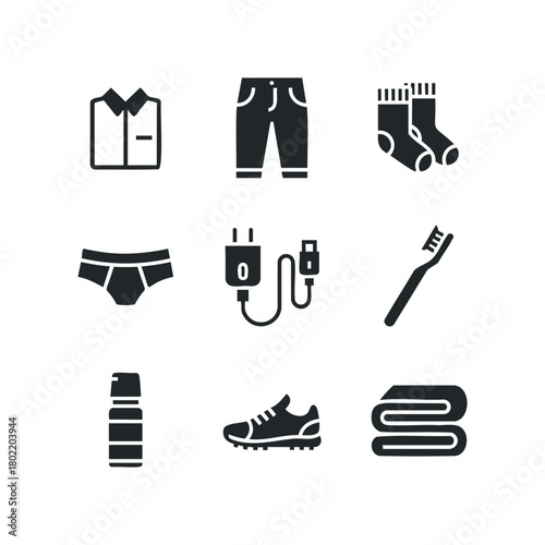 Collection of nine essential clothing and travel items