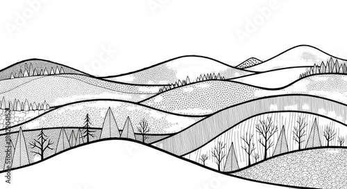 Rolling Hills Landscape Black and White Drawing for Winter Travel Brochures or Calm Website Backgrounds