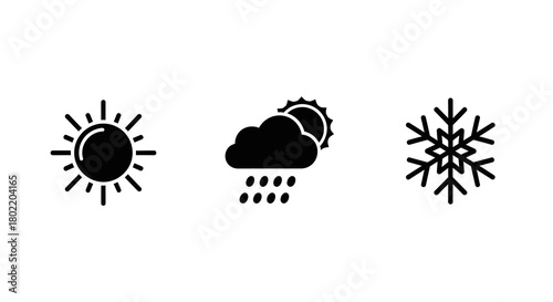 Weather icons: sun, rain cloud, and snowflake in minimalist black silhouettes