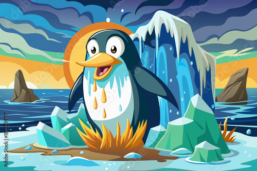 Amazing penguin bursts vertically from icy southern ocean, water streaming from feathers as snow covered cliffs stand behind