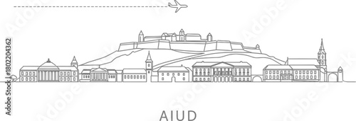 Aiud Skyline Cityscape Line Art with Airplane