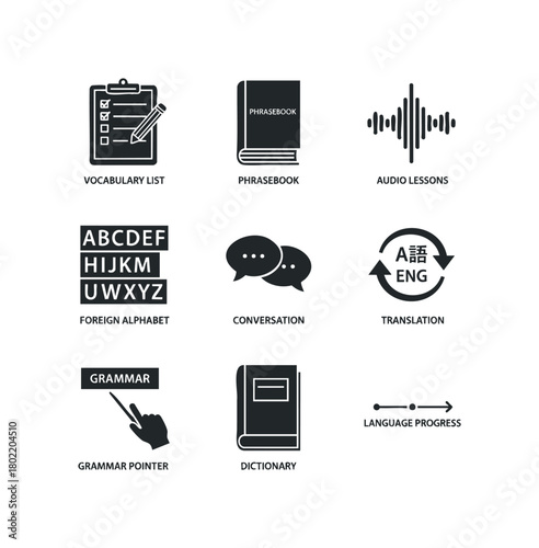 Language learning icons including vocabulary list and conversation
