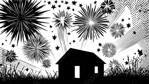 Exploding Fireworks Above House Silhouette for Holiday Celebration Design Projects