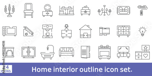   Home interior outline icon set. Furniture and house decoration icons symbol.