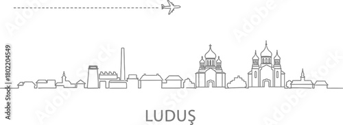 Ludus city skyline with airplane and dashed line trail