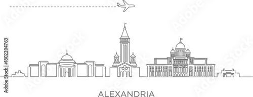 Alexandria Skyline with Airplane Travel Line Art