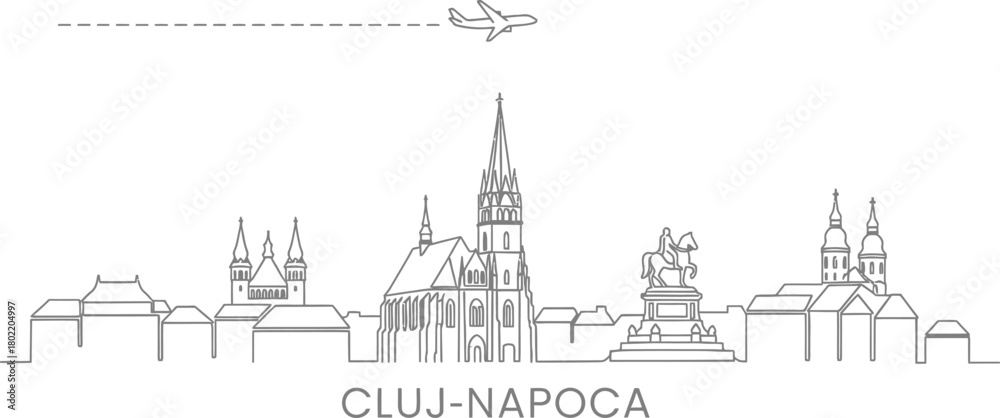 Obraz premium Cluj-Napoca Skyline with Airplane Silhouette and Text