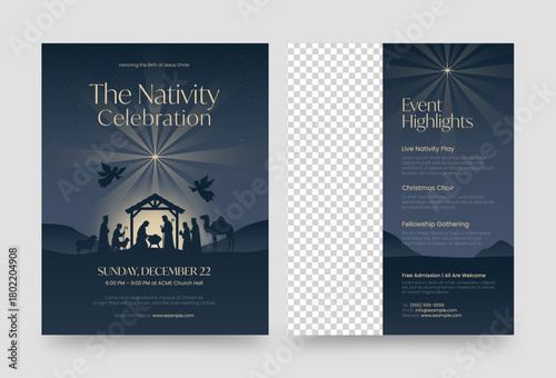 Christmas Nativity Flyer Template with Holy Family Silhouette and Event Details for Church Celebration or School Nativity Play