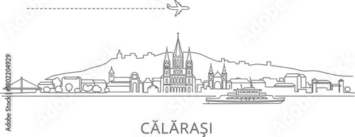 Calarasi Skyline with Airplane and Ferry Line Art