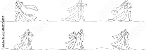 Collection of Minimalist line art of a bride and groom in an elegant dance pose, hand drawn concept for decoration on white background. 
