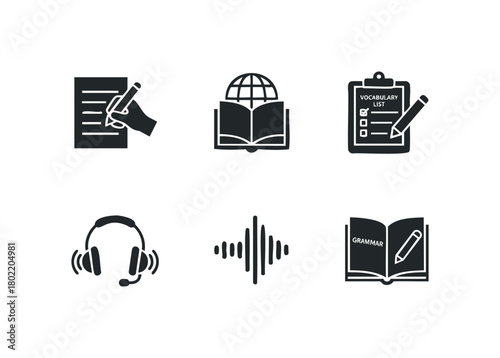 Collection of icons representing language learning and education
