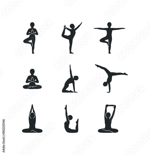 Nine diverse yoga poses in silhouette against white background