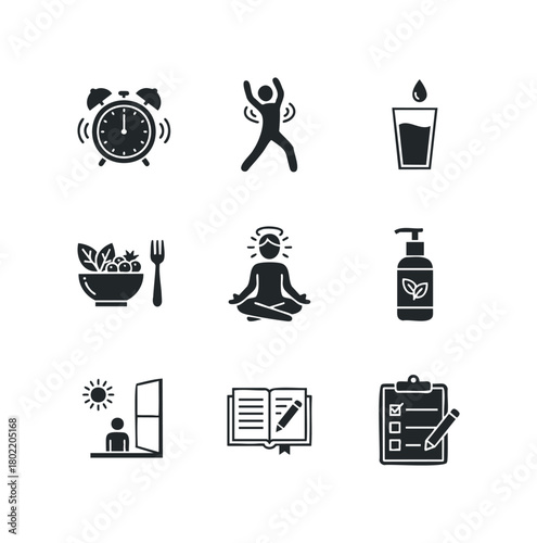Daily routine icons showing health and productivity symbols