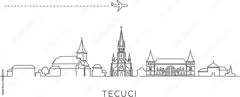 Fototapeta premium Tecuci Skyline with Airplane and Dashed Line