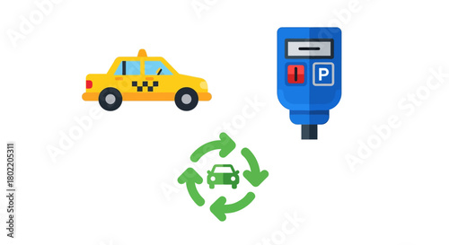 Urban transport symbols: taxi, parking meter, eco-friendly car icon set