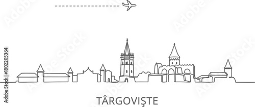 Targoviste Skyline with Airplane Travel Icon