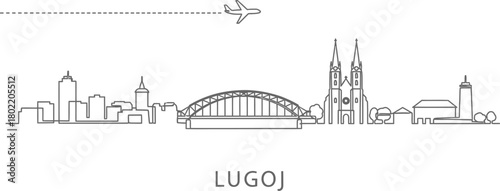 Line Art Skyline of Lugoj Romania with Airplane