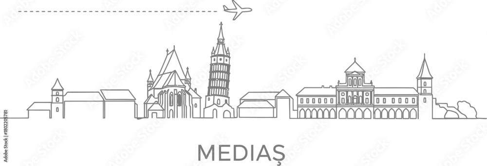 Obraz premium Medias Skyline with Airplane and Dotted Line