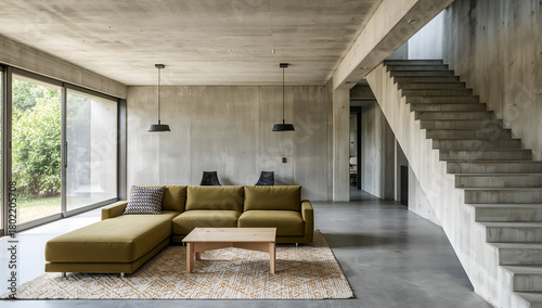 Modern living room interior with concrete walls and staircase