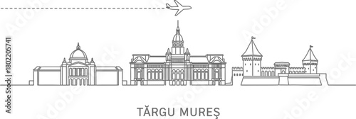Targu Mures Skyline with Airplane and Dashed Line