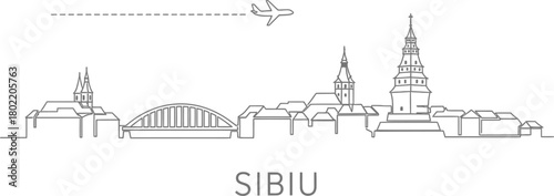 Sibiu Skyline with Airplane and Bridge Line Art