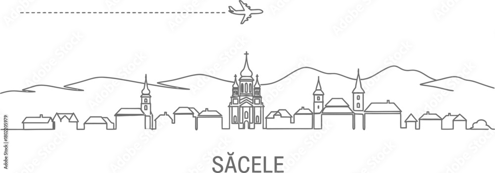 Fototapeta premium Sacele City Skyline Airplane Travel Line Art