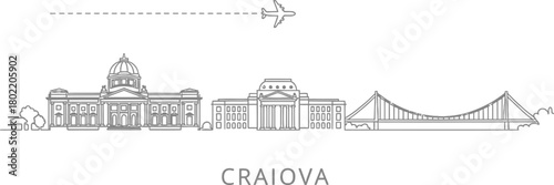 Craiova Skyline with Airplane and Bridge Line Art