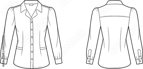 Women's blouse technical sketch, front and back view, puff sleeves, pointed collar, waist pockets, fashion flat, garment construction, vector illustration, button closure