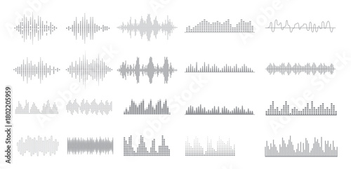 Podcast sound waves. Audio wave forms line, sound wave frequency or voice microphone signals. Music, podcast and broadcast and audio branding design.