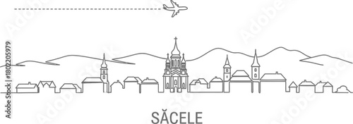 Sacele City Skyline Airplane Travel Line Art