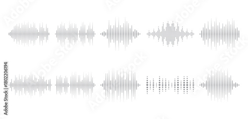 Podcast sound waves. Audio wave forms line, sound wave frequency or voice microphone signals. Music, podcast and broadcast and audio branding design.