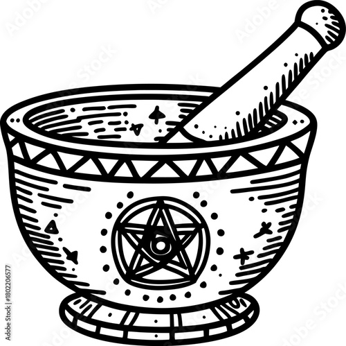 Witchcraft mortar and pestle with pentagram symbol herbal magic, mystical alchemy, occult ritual tool illustration