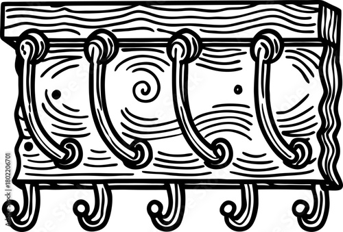 Vintage wooden wall coat rack with five metal hooks hand drawn illustration of rustic home organization solution