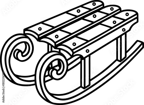 Wooden sled line art classic winter sleigh illustration, hand drawn outline seasonal holiday transport for snow fun