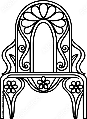 Elegant vintage vanity table with ornate floral design for beauty and grooming, black line art illustration