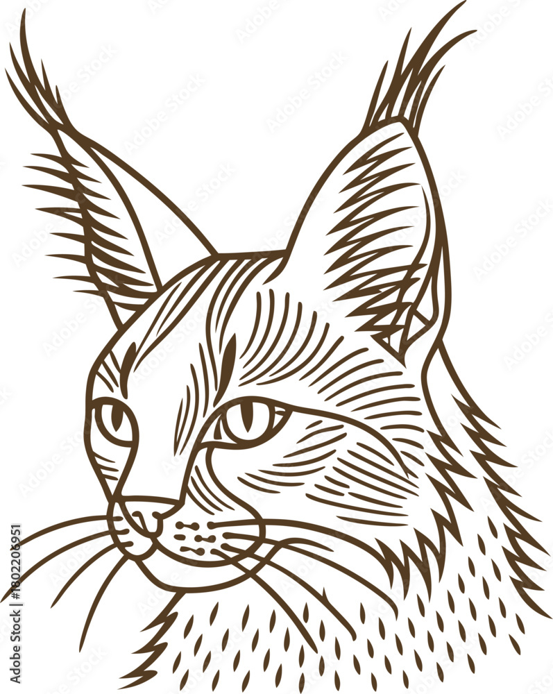 Naklejka premium lynx head line art illustration wild feline portrait, detailed outline drawing with pointed ears and expressive eyes