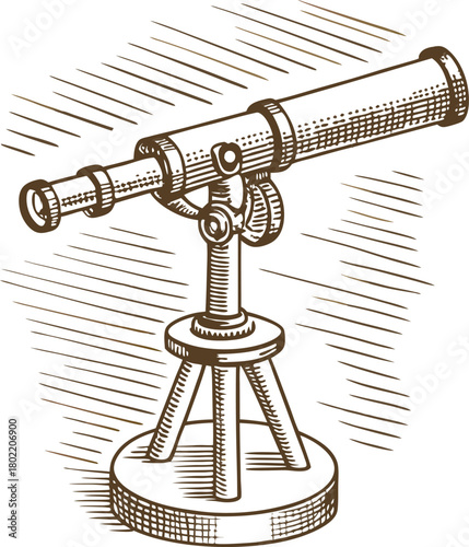 Vintage telescope on tripod stand hand drawn sketch of astronomical instrument for stargazing and exploration
