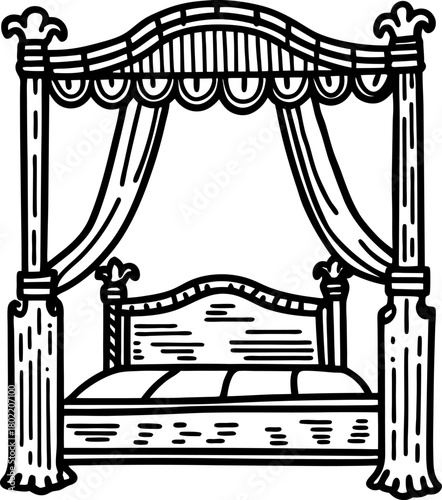 Elegant four poster canopy bed with draped curtains vintage ornate frame, classic luxury bedroom furniture design