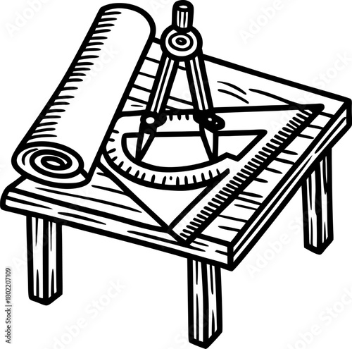 Architectural blueprint, drafting table with compass, protractor and triangle technical drawing, engineering tools