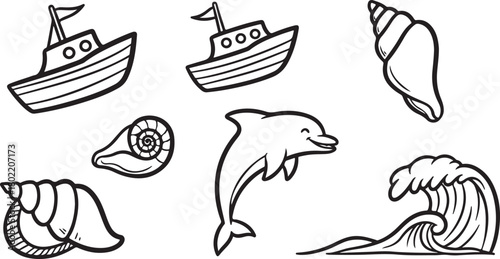Nautical Line Art Collection: Boats, Seashells, Dolphin & Ocean Wave