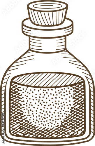 Vintage glass jar with cork, hand drawn sketch apothecary container for herbs, spices, or medicine