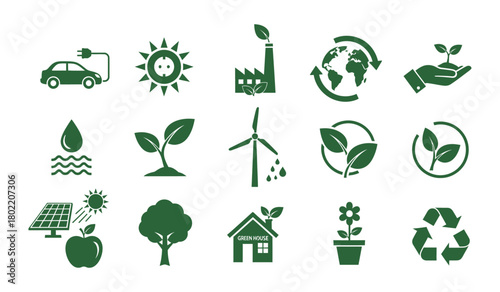 Collection of green ecofriendly icons representing sustainability, renewable energy, and environmental protection
