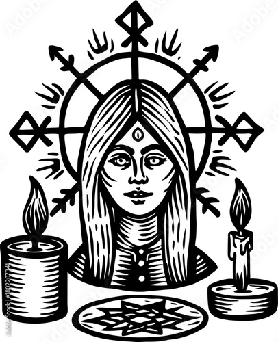 Mystic woman with candles and magic circle occult ritual, sacred geometry, spiritual symbols, esoteric illustration