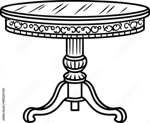 Vintage round wooden table with ornate carved design, classic pedestal base, and elegant detailed trim