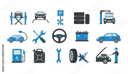 Collection of car service and repair icons, including electric vehicle charging, car lift, tires, and mechanic