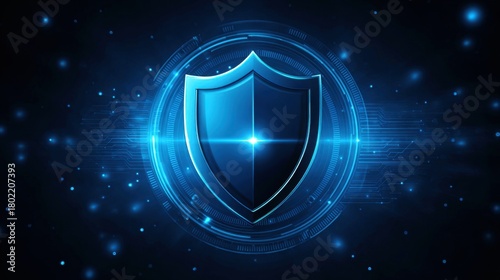 National Security Concept on Cyber ​​Warfare. A futuristic blue shield logo surrounded by digital patterns, symbolizing protection and cybersecurity.