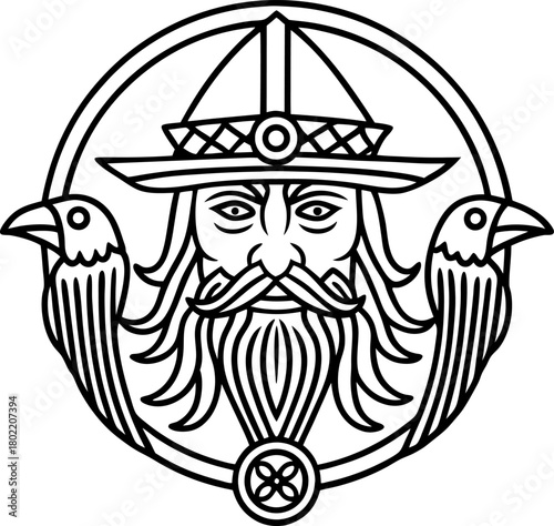 Viking god odin face with helmet, beard and two ravens norse mythology symbol, line art illustration
